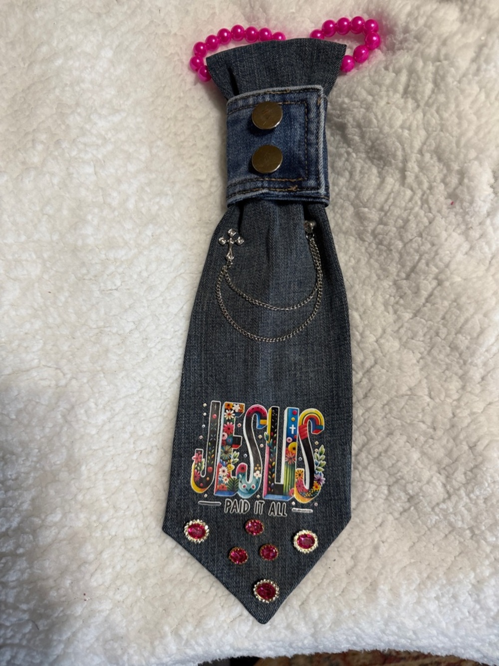 Denim Tie Necklace with 'JESUS Paid It All' Graphic